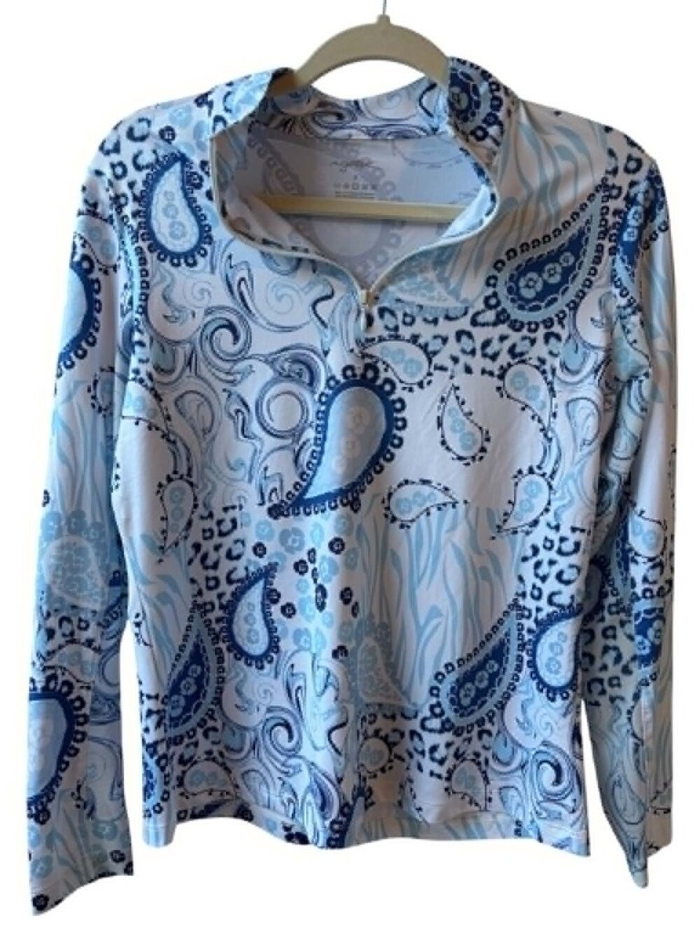 Gottex Women’s Small Blue Paisley Quarter Zip Pullover Top Stretch Lightweight